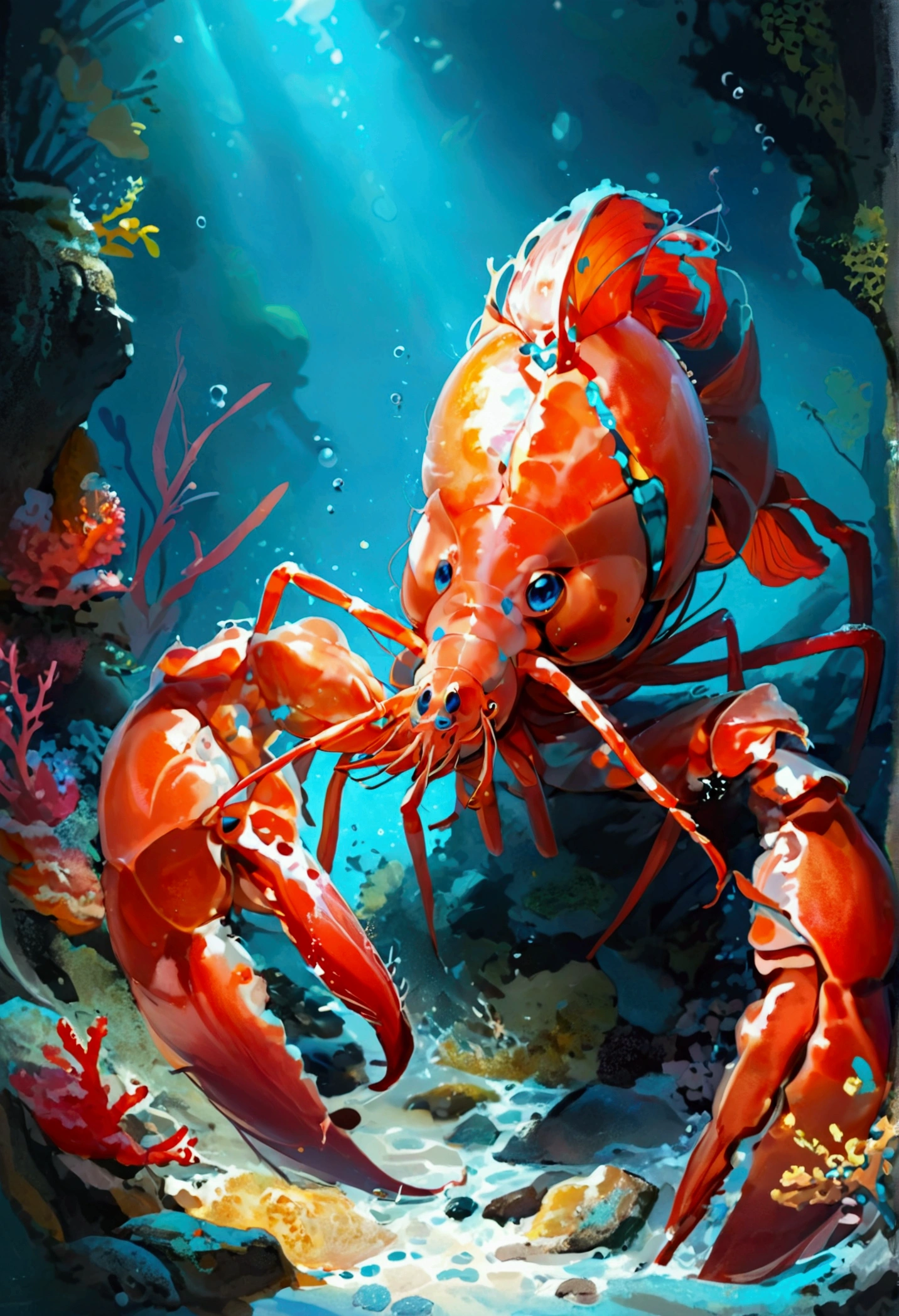 Create an illustration that meets the following criteria: -The main character is a sexy shrimp -Nice body -Body lines that captivate men