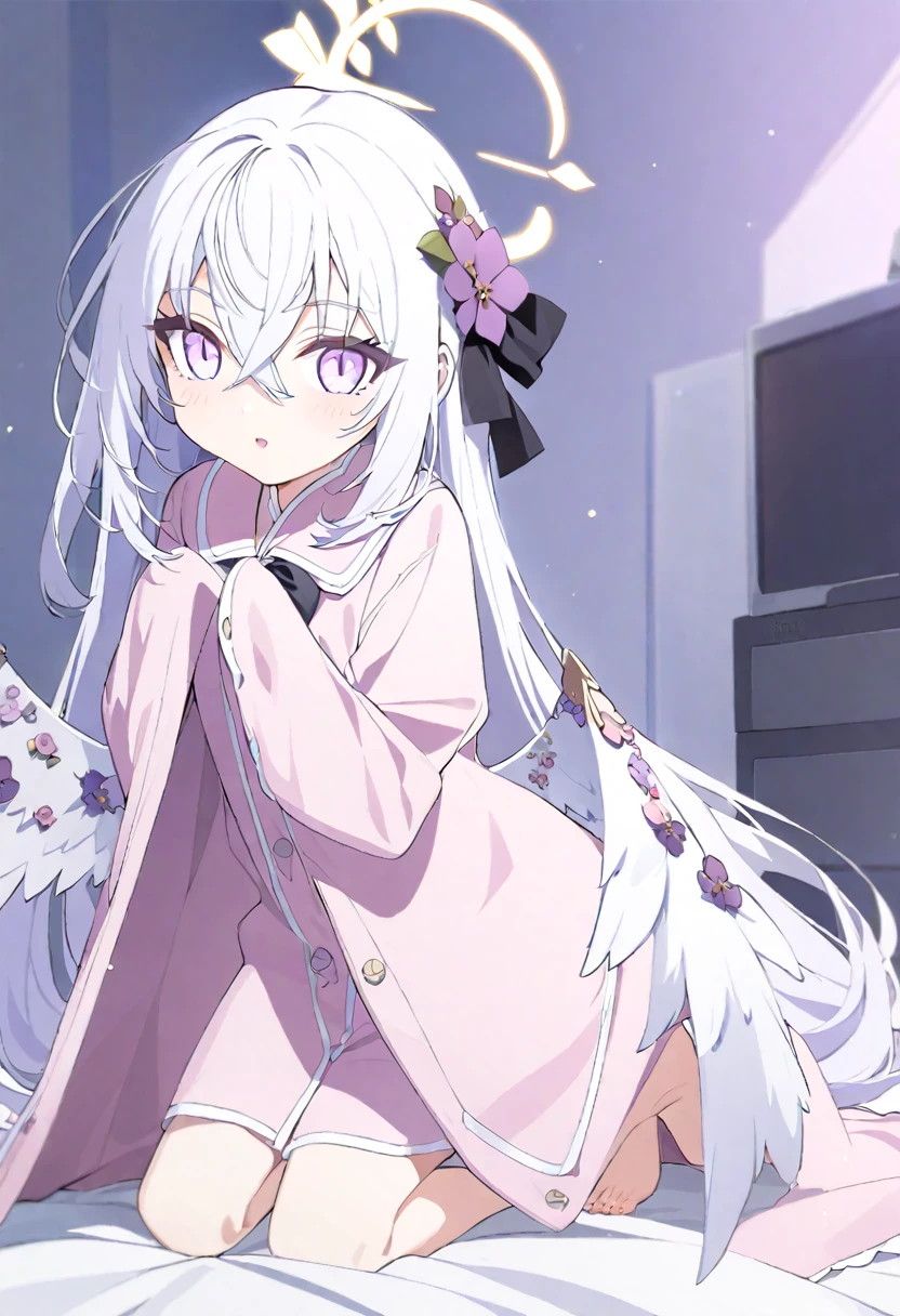 azusa \(blue archive\), 1girl alternate_costume angel_wings barefoot black_pajamas blanket crossed_bangs feathered_wings feet halo kneeling long_hair on_bed open_mouth pajamas purple_eyes sidelocks smile solo toes under_covers very_long_hair white_hair wings