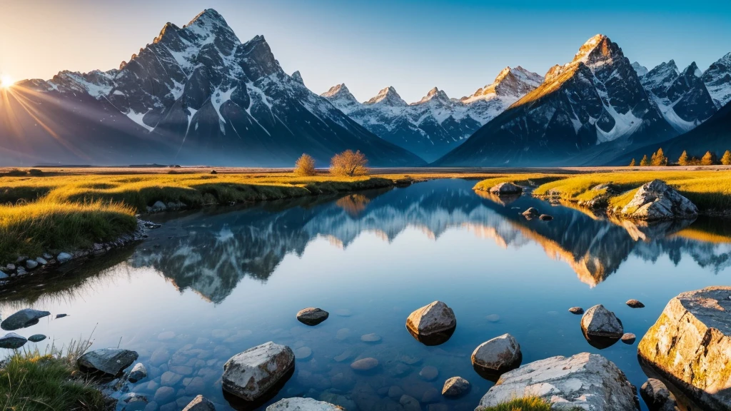Awesome Nature Scenery. Beautiful landscape with high mountains with illuminated peaks, stones in mountain lake, reflection, blue sky and yellow sunlight in sunrise.