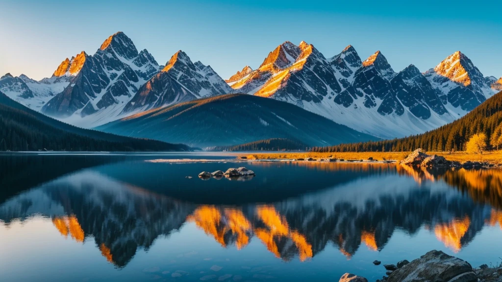 Awesome Nature Scenery. Beautiful landscape with high mountains with illuminated peaks, stones in mountain lake, reflection, blue sky and yellow sunlight in sunrise.