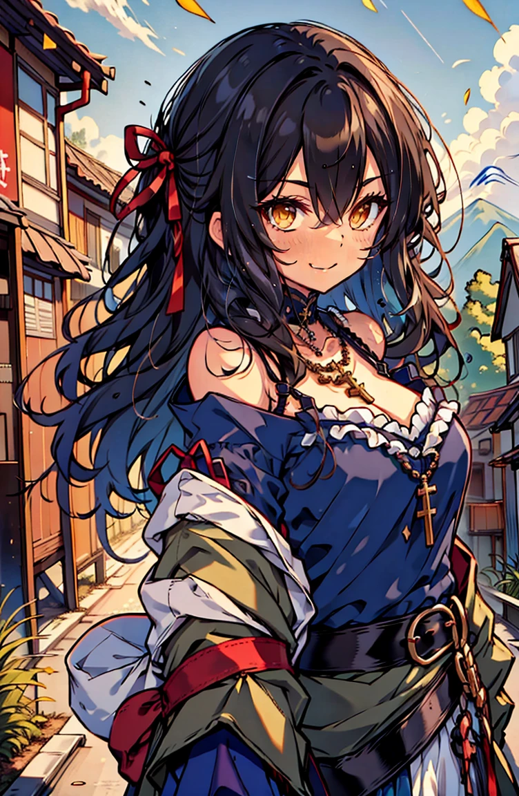 (masterpiece:1.2), (high quality:1.2), hui xiyi, rekkyo sensen, rekkyou sensen, solo focus, girls with((black hair, tits cleavage, exposed breasts, breasts close up, dress, (blue clothes:1.3), ribbon belt, off-shoulder sleeves, long sleeves, off shoulder jacket, frills shirt, frills camisole, straps, (ribbon tie, rosary choker, golden rosary, cross:1.05), upper body, (long wavy hair, one side up:1.4))), background with ((architecture, blue sky, building, bush, castle, village, no humans, cloud, cloudy sky, day, fence, field, garden, grass, hill, house, lamppost, landscape, mountain, mountainous horizon, nature, no humans, outdoors, scenery, shrine, sky, tower))