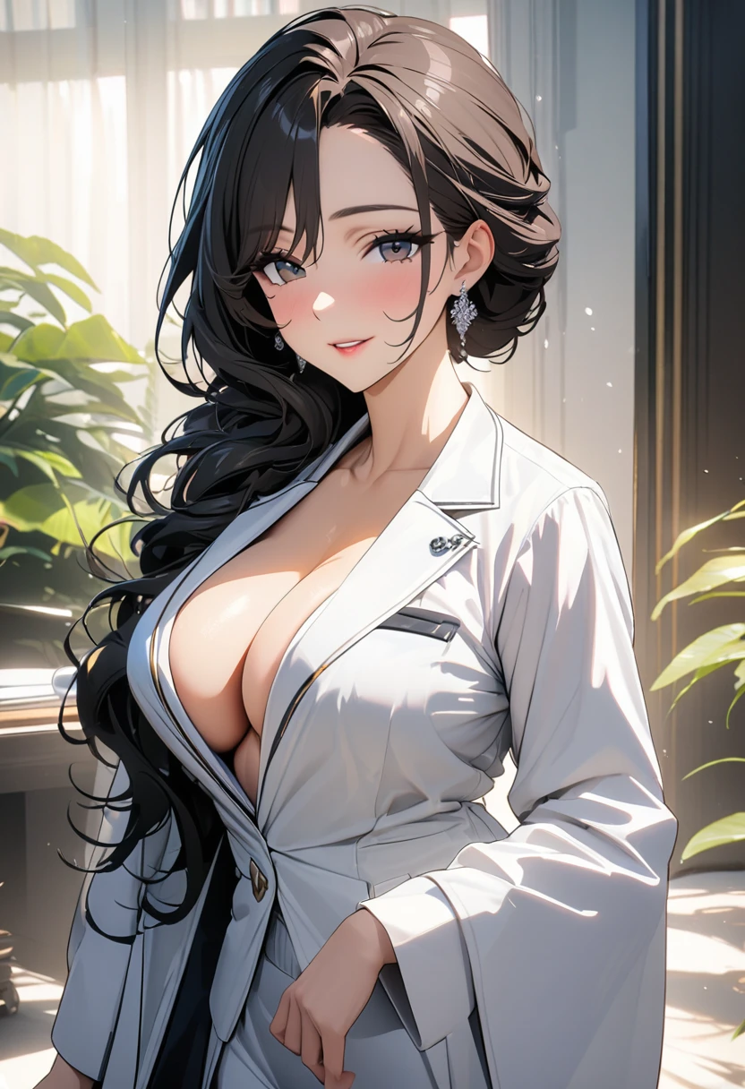 8k quality,Ultra HD,Stunning mature beauty,Intellectual elegance,((White doctor's robe)),Brown hair,(best quality,masterpiece:1.2),1lady solo, sitting, (looking at viewers), (white lab coat) stylish outfit, mature female, /(dark brown hair/) bangs, kind smile, (masterpiece best quality:1.2) delicate illustration ultra-detailed, large breasts, pantyhose, /(stethoscope around neck/) BREAK (hospital examination room) indoors, work desk, detailed background