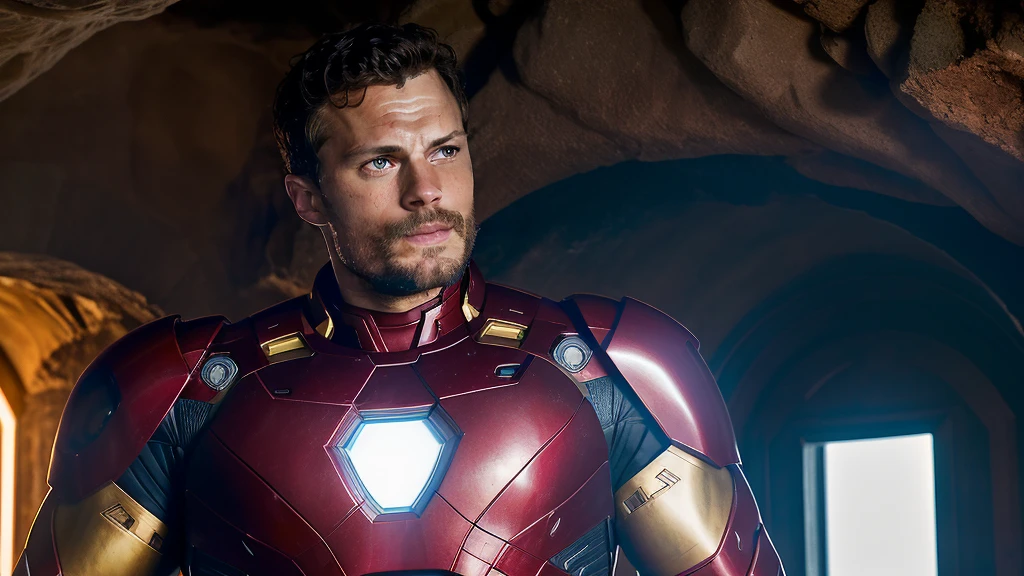 Actor Jamie Dornan, ((best quality)), ((Artwork)), (detailed), high definition image, ultra HD, Marvel movie cover style, actor Jamie Dornan as Marvel's Iron Man, iron Man Marvel, wearing armor red, backdrop behind cave of super hero with combat armor.