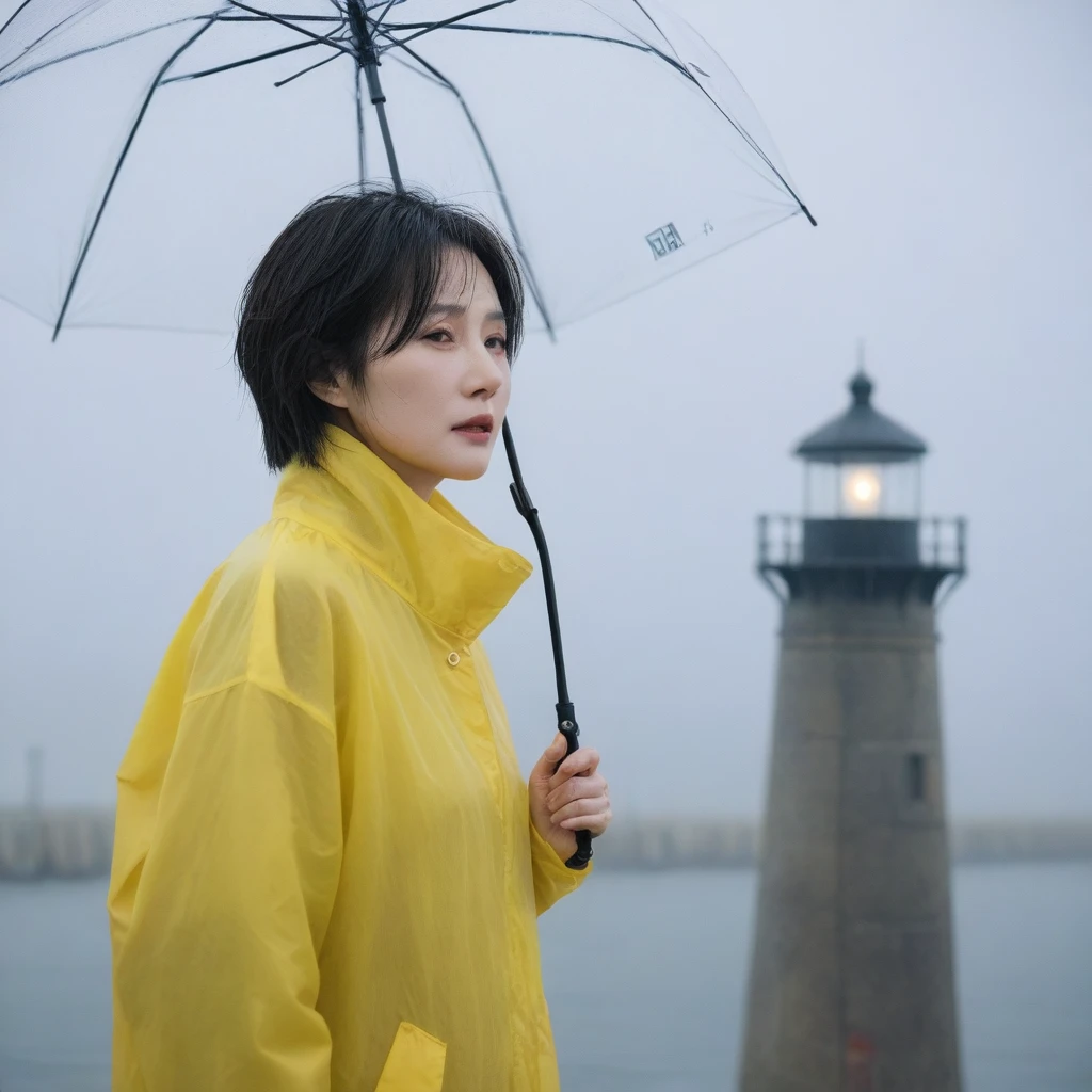 1 Korean woman in her 50s, short medium hair, solo, rain, Fog, cold, raincoat, boring, , pier, only, lighthouse, Coast, The dim light shines in the Fog,and the figure stands in the Fog holding an umbrella, (명암대rain, cinematic lighting, shadow, film grain, anatomically correct, accurate, Awards, 8K) realistic photo