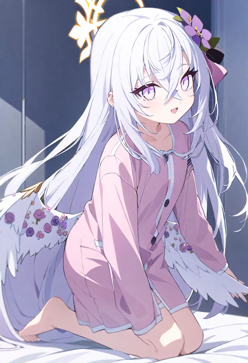 azusa \(blue archive\), 1girl alternate_costume angel_wings barefoot black_pajamas blanket crossed_bangs feathered_wings feet halo kneeling long_hair on_bed open_mouth pajamas purple_eyes sidelocks smile solo toes under_covers very_long_hair white_hair wings