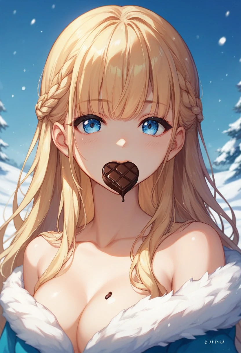 Golden shiny hair、Dazzling blonde super long silky hair、Cute little beautiful face of 18 years old、Shiny hair dancing in front of a pretty face、Long, silky bangs that cover the eyes、Bright pale blue eyes、Hair that hides the face、Sexy and cute young woman with super long bangs、snow-white beautiful skin、Oil-based teak gloss、Small Face Beauty、Eating chocolate,Mediumshot, high angel shot,