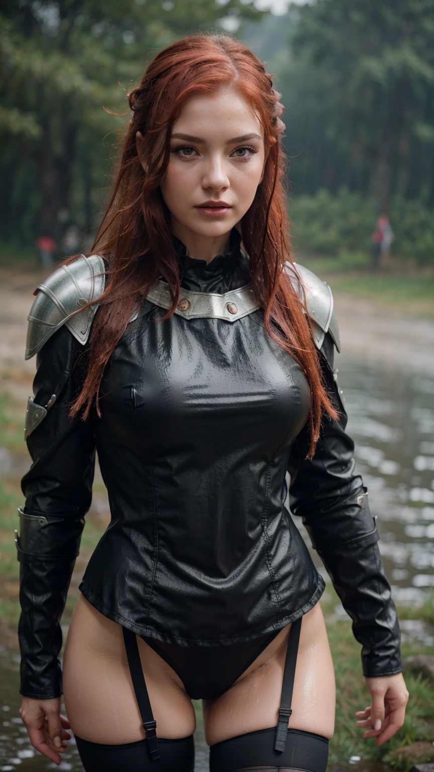 young girl ,slavic look,light armor,blurry background,red hair,curly hair,heavy make up,outsite,rain,wet body,pink lipstick,polish,portrait,4k,ultra realistic,realistic face,temptating,one girl,beautiful,sexy armor,lingerie,stockings,storm,heavy wind,wet hair,night,torches,ass,dark night,low light