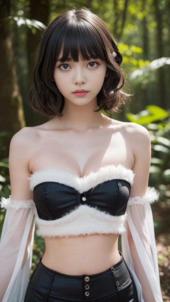 nsfw,(Highest quality, Very detailed, masterpiece:1.2), 1 female, Very thin body, length, Thin legs, ((Black wavy short hair:1.2)), ((Thick and fluffy bangs)), Very detailedな顔,A faint smile, small, Thin Nose, small thin mouth, Extremely sharply focused eyes, Japanese, Beautiful Face, Realistic eyes, Beautiful and beautiful eyes, Realistic Skin, Beautiful Skin, charm, (Lively Faces), Beautiful Hairstyles,((Victorian Style ),(Strapless cropped tops:1.5), (Strapless:1.5), (Underbust:1.4), (Bare shoulders:1.5),(Fluorescent bikini pants), Gothic design, Creepy and unique hairstyles, High resolution, Vibrant color palette, Mysterious and mysterious tree々In the woods of, Amazing place, Tim Burton&#39;s signature dark shadows and strange details, Shooting from below,background, One leg on the tree