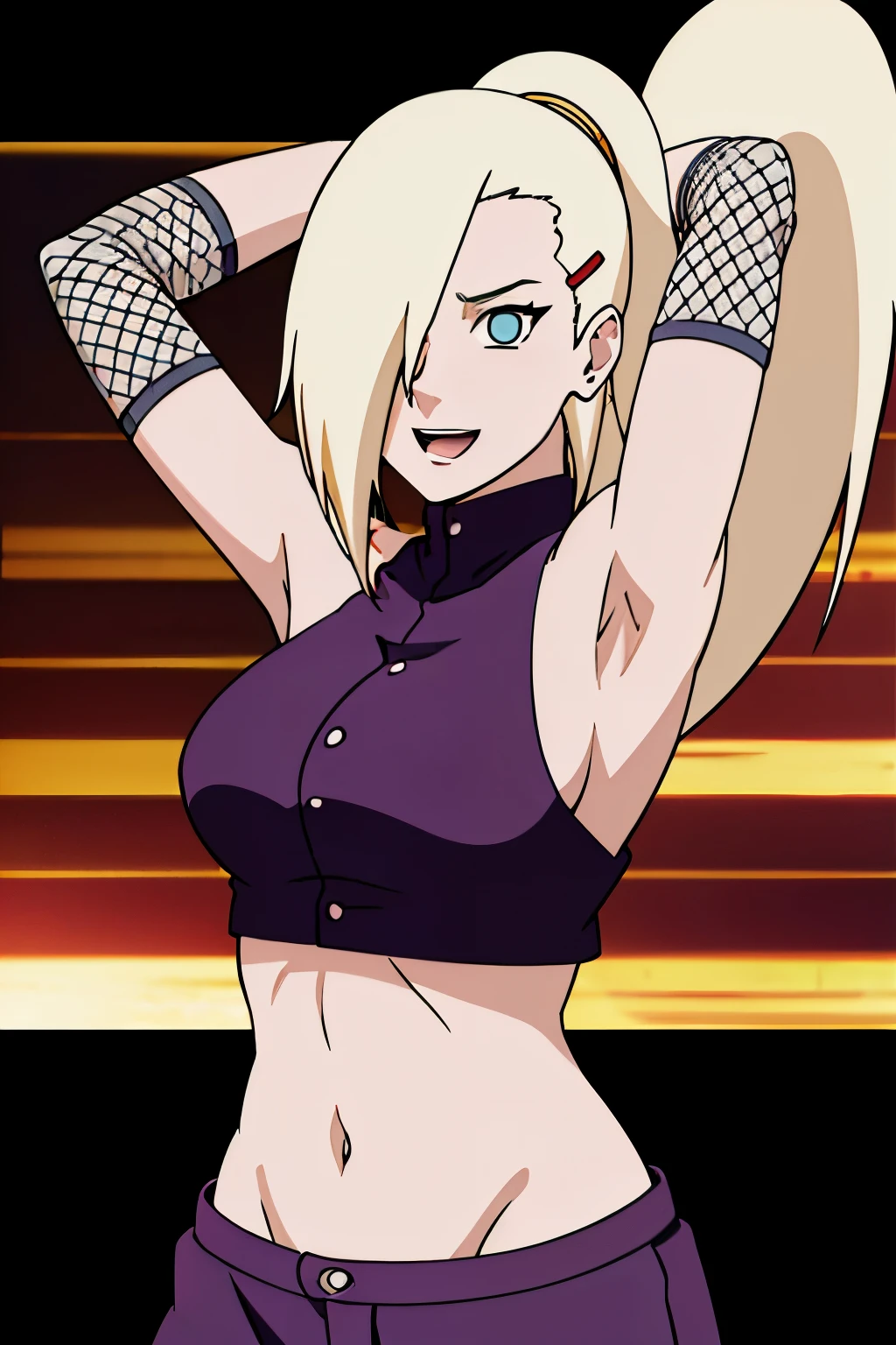 (posing for viewer), Ino yamanaka, looking at the viewer, attractive, groin, cowboy shot, ultra detailed face, sunny day, day time, upper body view, anime style, solo, detailed desert, blonde, (focus on face), ((one eye covered with hair, hair over eye)), medium breasts, belly button, looking at the viewer, thick arms, (off-shoulders, wide shoulders, curving body), hidden eye, smile, open mouth, very happy, tall, hair clip, sharp look, sharp face, sharp eye, cold colors,
