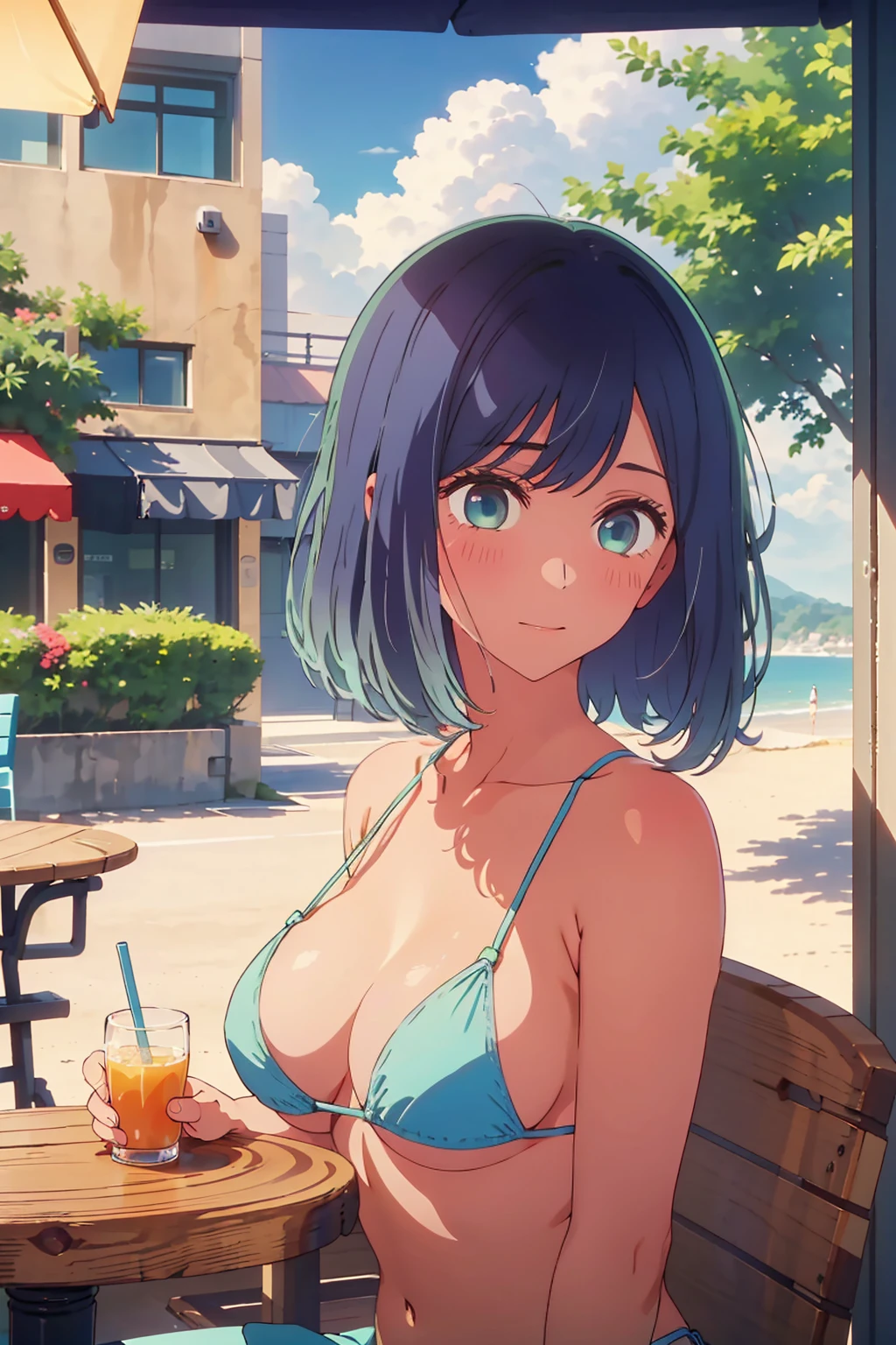 (Highest quality:1.4、masterpiece:1.4、Super detailed:1.4、8K:1.4)、((((1 person、Surprised expression、sit、Outdoor café terrace、coastal、juice、table、Sandy Beach、juiceのグラスを持つ、Micro Bikini、Very soft boobs、Big eyes、Very cute face))))、(cinematic lighting:1.4)、F cup bust、Medium breast、Underboob、Sideboob