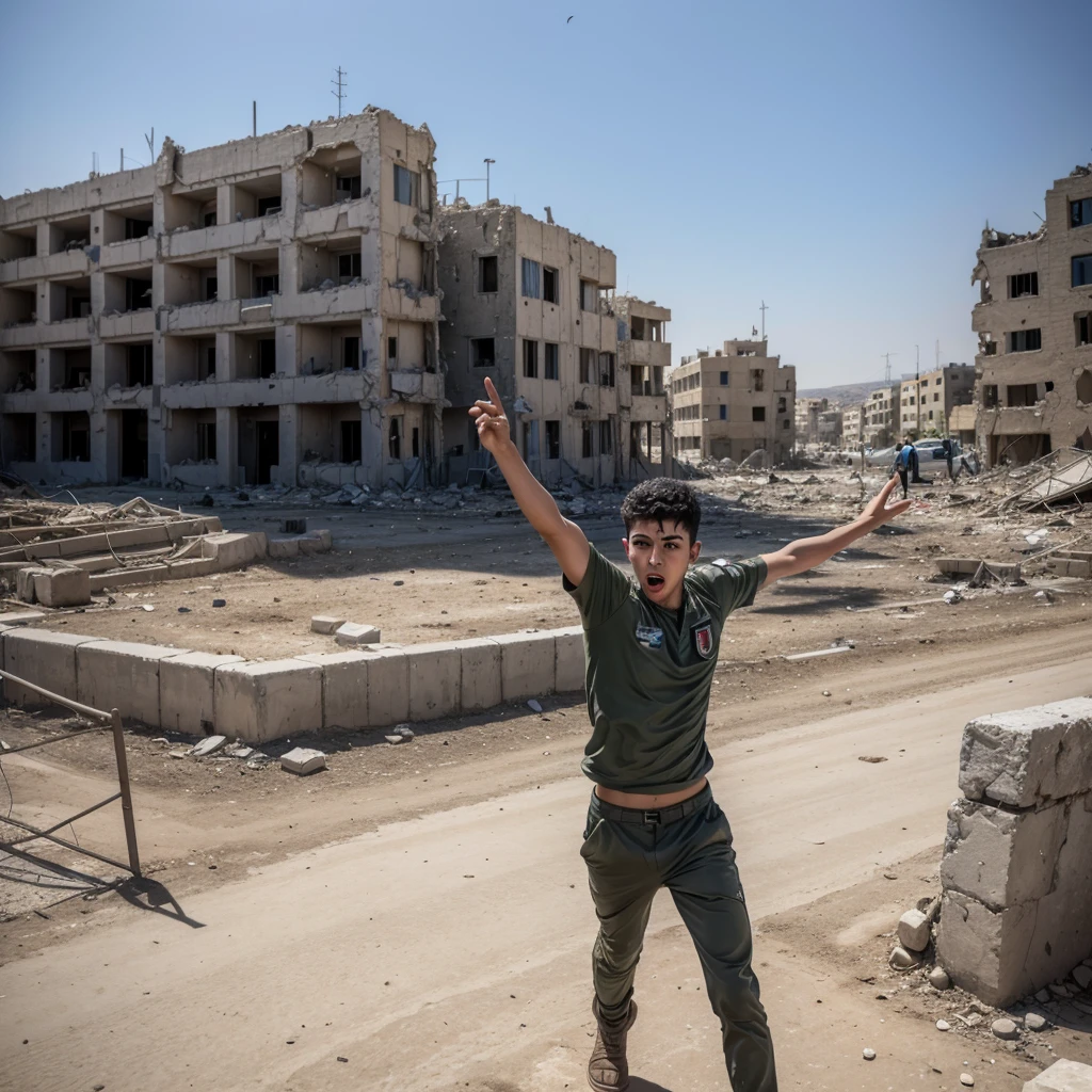 A young Palestinian man is throwing stones at Israeli soldiers. The background is the ruins of buildings, reflects the devastation caused by conflict. This image is realistic and very detailed, showed an expression of anger and determination on the young man's face. The young man's hands were raised high, ready to throw stones with full force. The clothes he wore looked shabby and dusty, suitable for harsh terrain conditions. In the distance, fully armed Israeli soldiers stood at alert, creating a strong contrast with the surrounding conditions full of destruction. Smoke and dust rose in the air, adding drama to the ongoing conflict