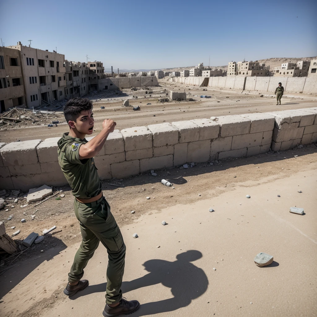 A young Palestinian man is throwing stones at Israeli soldiers. The background is the ruins of buildings, reflects the devastation caused by conflict. This image is realistic and very detailed, showed an expression of anger and determination on the young man&#39;s face. The young man&#39;s hands were raised high, ready to throw stones with full force. The clothes he wore looked shabby and dusty, suitable for harsh terrain conditions. In the distance, fully armed Israeli soldiers stood at alert, creating a strong contrast with the surrounding conditions full of destruction. Smoke and dust rose in the air, adding drama to the ongoing conflict