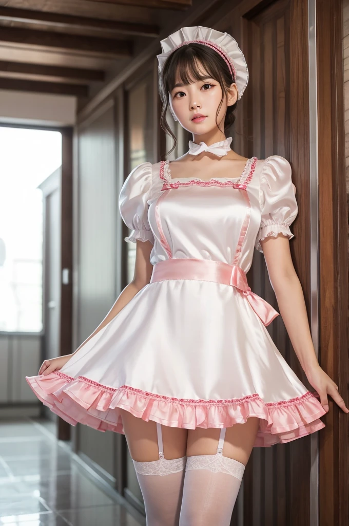 Highest quality、Shiny silk short sleeve puff sleeve pink maid outfit、See-through、Very short skirt、Voluminous red ribbon、Round collar、A short white ruffled apron、White garter belt with ribbon、Pink high heels with ribbon、Large headband with ribbon、Flushed Cheeks、Embarrassed look、White underwear、Soaking wet、Overreaching、stepladder、Facing forward、Looking up from below