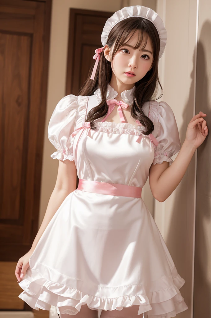 Highest quality、Shiny silk short sleeve puff sleeve pink maid outfit、See-through、Very short skirt、Voluminous red ribbon、Round collar、A short white ruffled apron、White garter belt with ribbon、Pink high heels with ribbon、Large headband with ribbon、Flushed Cheeks、Embarrassed look、White underwear、Soaking wet、Overreaching、stepladder、Facing forward、Looking up from below