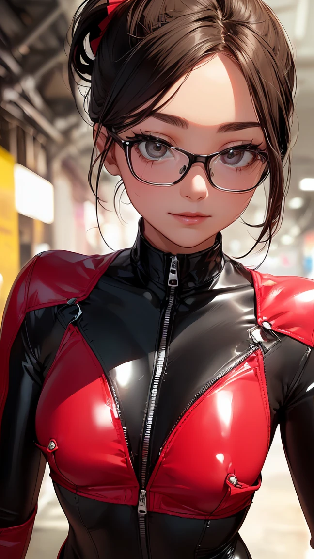 NSFW, (8k, RAW photo, high quality, masterpiece:1.2), glasses, Professional photo shoot, cinematic light, alone, (((young woman))), (detailed expression), (round eyes), (small face), (high detail skin:1.2), clavicle, cute face, beautiful appearance, long eyelashes, beautiful chest line:1.5, (brown hair, side ponytail, black eye), (choker), (slim body shape:1.4, A woman with a slender figure and big breasts), very detailed face and skin texture, fine eyes, double eyelid, joy, (((mysterious smile))), ((facing the front:1.2)), (((dim underground facility:1.2))), ((Close-fitting red bodysuit,Rubber texture, Outer solid flap pocket crop jacket₋Black:1.5)), ((spread your legs:1.4, tight-fitting body suit, facing the front, beautiful skin, shiny skin, perfect fingers, five fingers, anatomically correct, background bokeh, high quality, surreal, bright colors, ((Nikon, 135㎜, f/1.8, very detailed, photo shoot)),