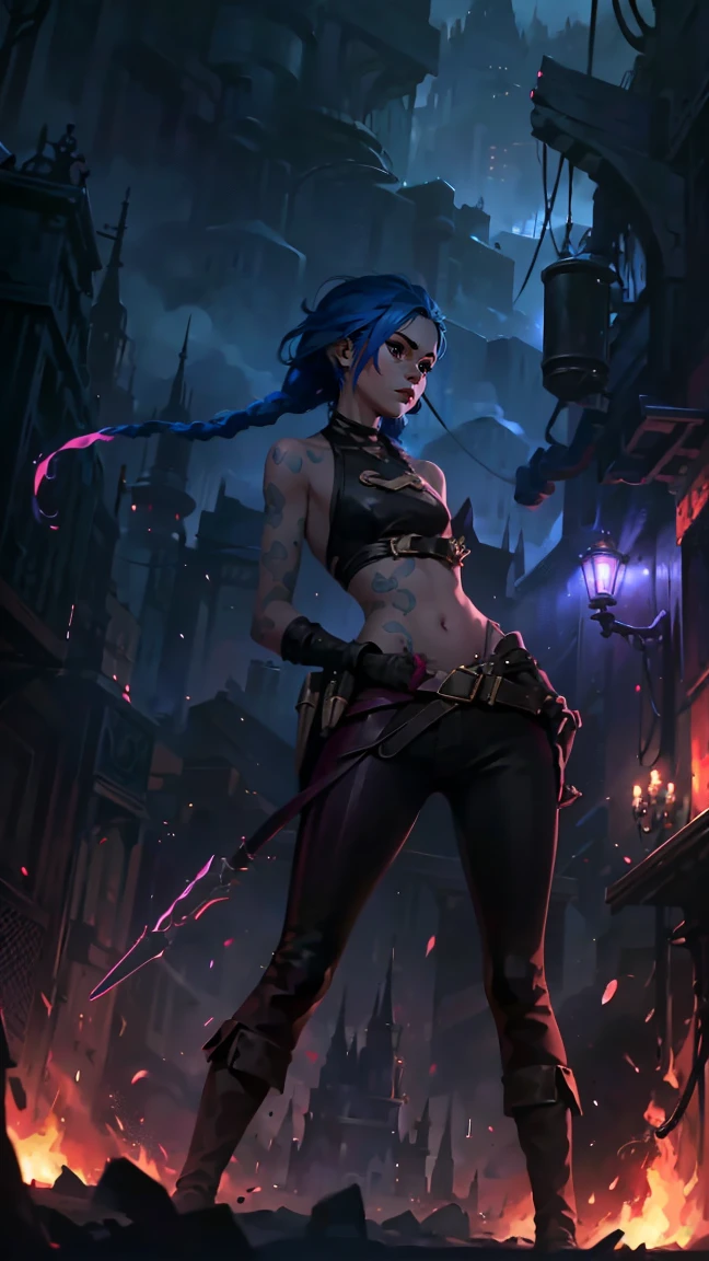 (masterpiece, Best quality), 1 girl, portrait, very sexy, crazy look, smile, crying, pink tears, tears on the cheeks, tears from eyes, full length (full body 1.1.), очень feminine, fighting stance, battle, fire, explosions, burning city, Beautiful waist, gloomy composition, flame, fire, Flash, very beautiful, feminine, long hair, hair braided in long braids, very sexy, tight leather pants, emphasis on the eyes, emphasis on the face, Beautiful face, Hands, Hair, Haired ponytail, red purple eyes, Джинкс crying, Blue cloud tattoo, (masterpiece, Best quality), Side lighting, beautiful detailed eyes, crazy face), (Best quality), (masterpiece), magic photography, Spectacular lighting, Photorealism, ultra detailed, интимная portraitная композиция, 1. 4,8 k UHD, aesthetic, Cd., A high resolution, 8 k, better lighting, Best shade, Ultra-HD, A high resolution, sharp focus, Complex background, Cinematic lighting, ((Landscape view)), 4K block, (better lighting), ((Cinematic lighting)),