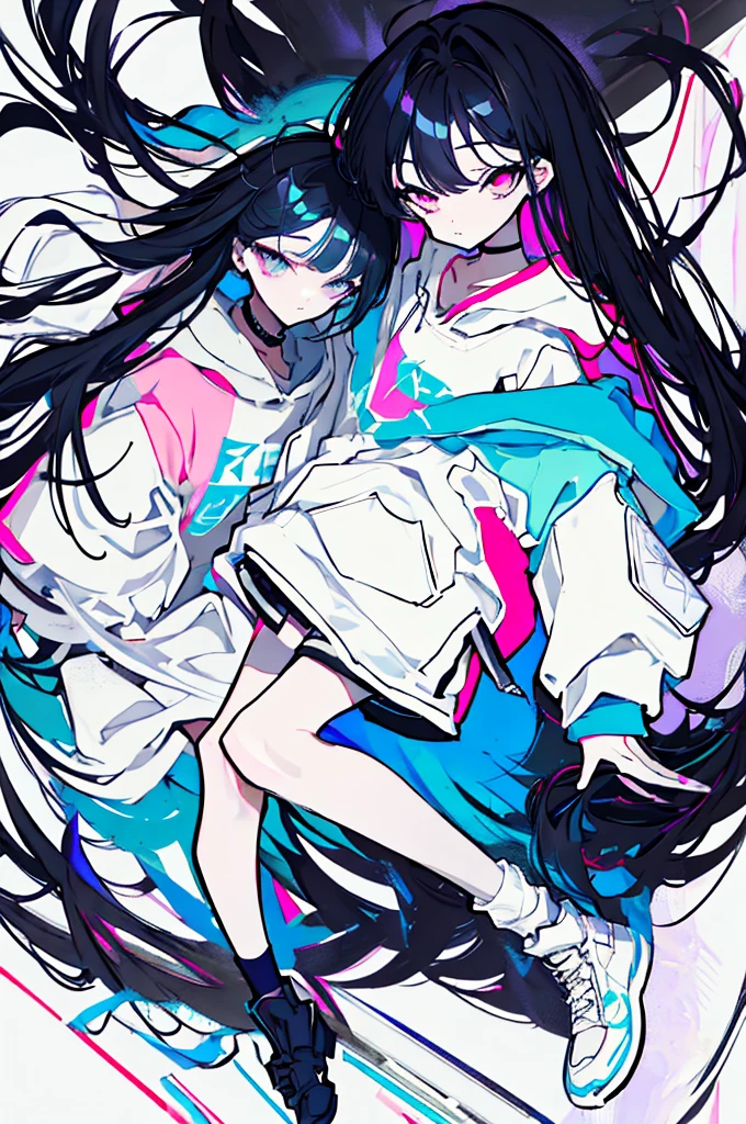{{masterpiece}}, The best quality of life,、((Black long hair、Inside is blue、)Half Twin Tail)、(Pink Eyes)、big black earrings、Black choker、Beautiful details in the eyes、White background、Anime characters、((Black tube top、hot pants、Punk Fashion、White hoodie、Black short boots、Knee socks)、(Expressionless girl)、(White background)、(())