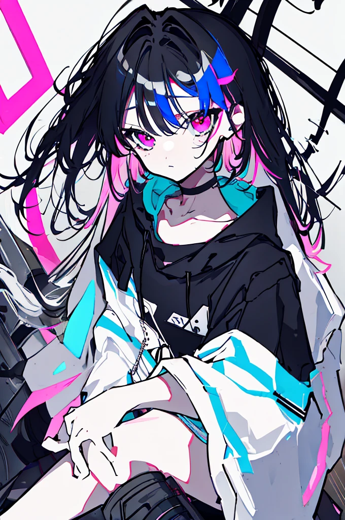 {{masterpiece}}, The best quality of life,、((Black long hair、Inside is blue、))、(Pink Eyes)、big black earrings、Black choker、Beautiful details in the eyes、White background、Anime characters、((Black tube top、hot pants、Punk Fashion、Long sleeve hoodie、Black short boots、Knee socks)、(Expressionless girl)、(White background)、(())