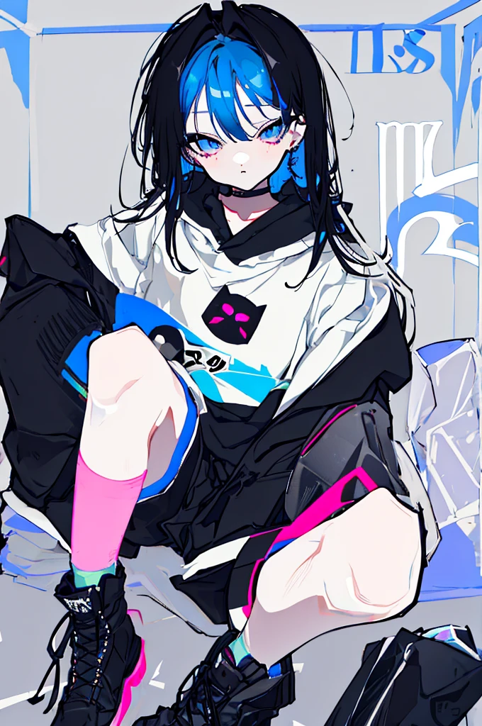 {{masterpiece}}, The best quality of life,、((Black long hair、Inside is blue、)Half Twin Tail)、(Pink Eyes)、big black earrings、Black choker、Beautiful details in the eyes、White background、Anime characters、((Black tube top、hot pants、Punk Fashion、White hoodie、Black short boots、Knee socks)、(Expressionless girl)、(White background)、((16-year-old girl))