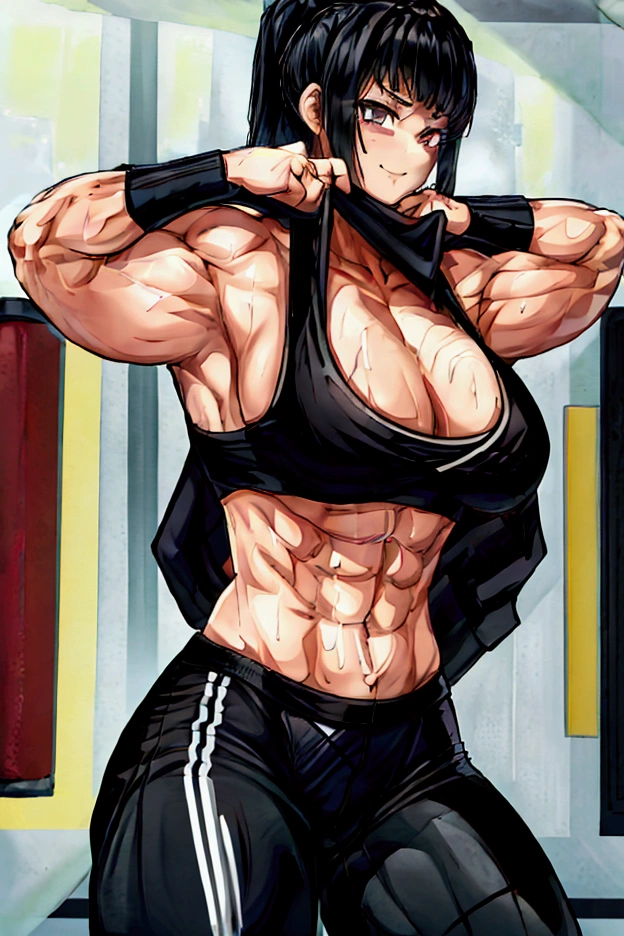 anime style, manga characters,black hairIndoor sports gym, training gym, barbell, dumbbell,Muscle girl sports bra training pants abs training barbellAccurate drawing, fine lines, beautiful featuressweat a lotblurry backgroundUnreal Engine Masterpiece, 80,