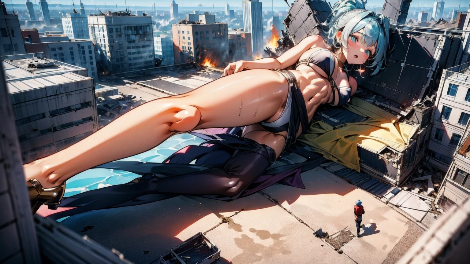 Giantess with firm , long y legs, yellow hair and in a bikini is lying on the ground, while the city at her feet burns in flames from the destruction she has caused, while tiny people climb on her body to have sexth her. Giantess, goddess, macrophilia, curvaceous body, hentaish, sexy legs, bni, high heels, high quality, tiny people, tiny people climbing
