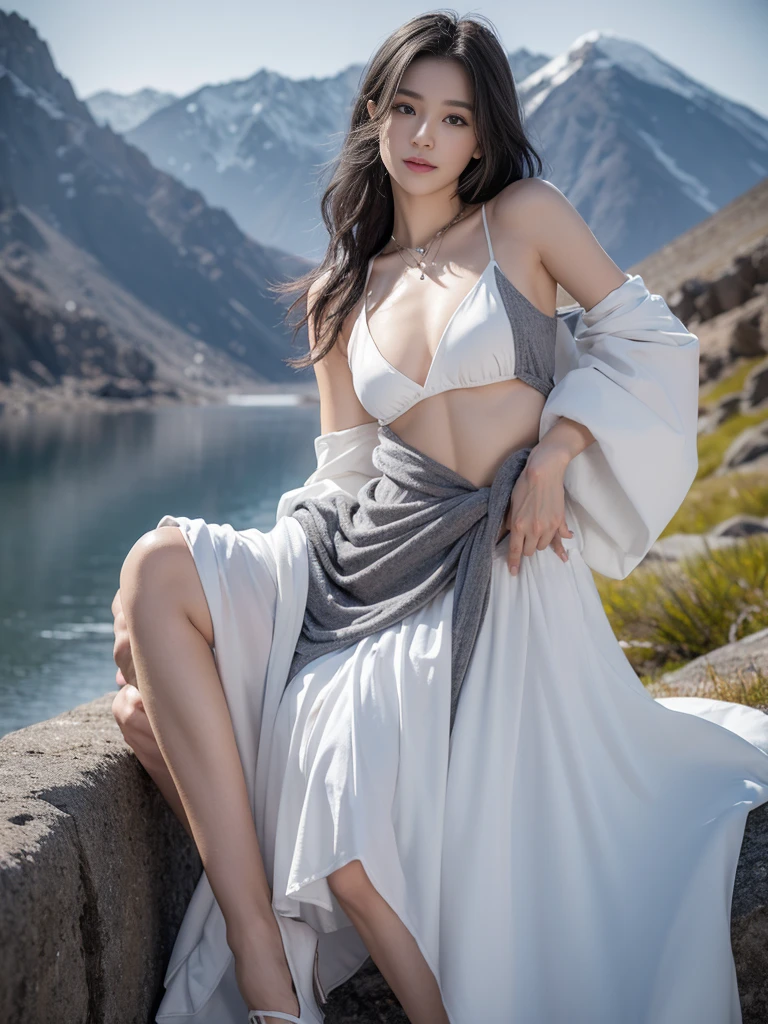 (Masterpiece, best quality:1.2),1 girl, upper body,tail, large tail, white hair, My hair is very long., Wavy hair, gray eyes, detailed eyes, colorful hair, circle, bead necklace, Show off your stomach muscles.,little smile, big beasts ,beasts high detail, light yellow coat, light short dress,tank top, rag,Show off your abdominal muscles, hip vents, Pelvic curtain, gray thighs, snowy, snowy mountains, snow storm, Volumetric light, subsurface scattering, movie light, chiaroscuro, floating hair, Put your hands on your own chest.
