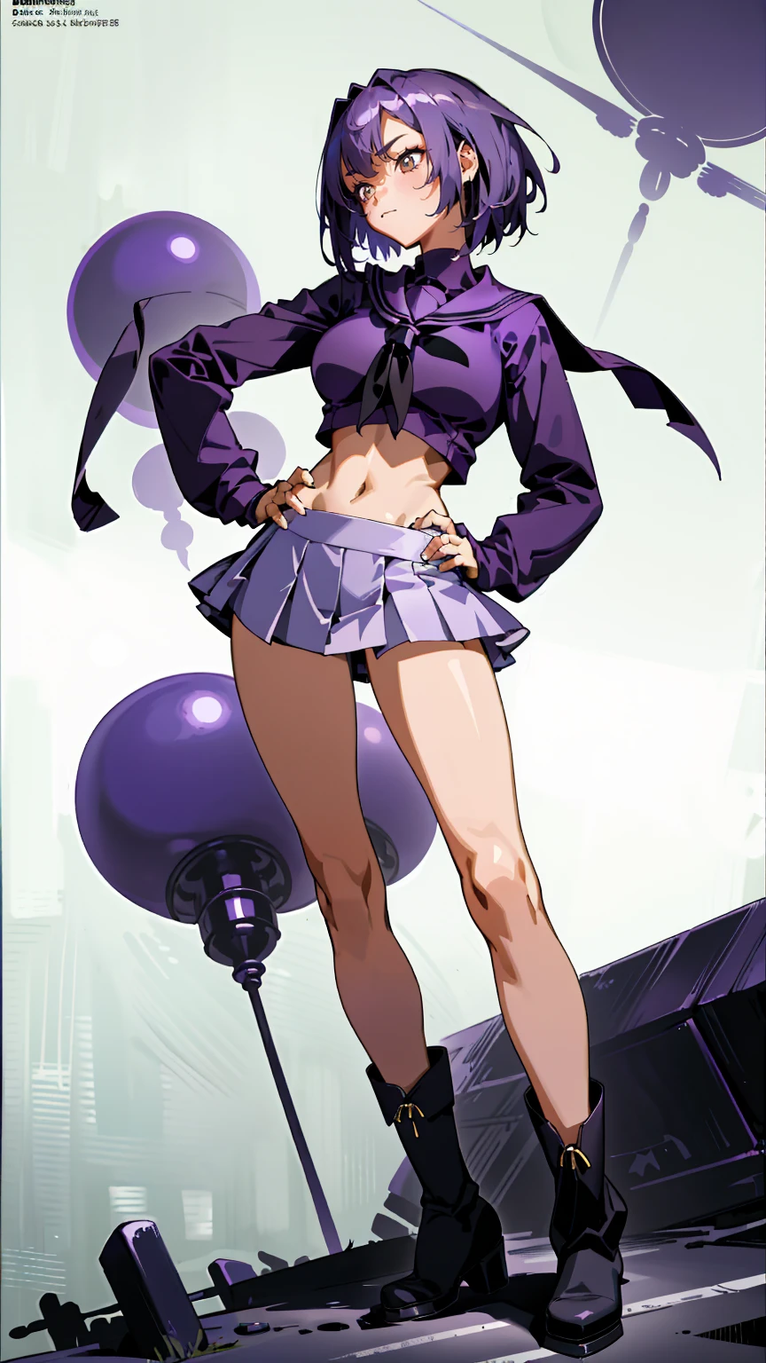 Masterpiece, best quality, high resolution, 1 woman , straight purple hair , bob , red eyes , Cold expression , Purple long sleeve sailor shirt , short skirt , boots, Long legs , full body , abdomen , big breasts , Put your hands on your hips. , roadside