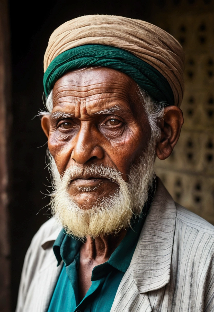 bangladeshi old muslim man age 80, weight 80, height 5 feet 7 inches, beard on his face, chubby face