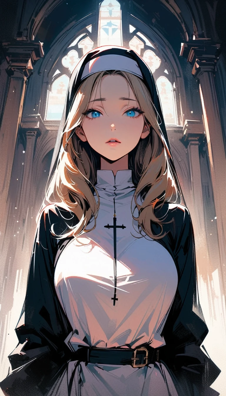 (high quality, 8k, 4K, high contrast, artwork:1.2, high quality, best aesthetics), (centered), ((1 woman)), erotic, sensual, mature body, sexy body, super detailed, beautiful face detailed, beautiful eyes detailed, detailed beautiful mouth, perfect breats, (blonde, long, straight hair), (blue eyes), (shy calm expression), (religious habit), (nun's clothes), (female nun), (standing), (looking at viewer), (piercing gaze), (church), (front view)