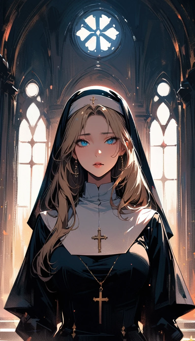 (high quality, 8k, 4K, high contrast, artwork:1.2, high quality, best aesthetics), (centered), ((1 woman)), ??????, sensual, mature body, sexy body, super detailed, beautiful face detailed, beautiful eyes detailed, detailed beautiful mouth, perfect breats, (blonde, long, straight hair), (blue eyes), (shy calm expression), (religious habit), (nun's clothes), (female nun), (standing), (looking at viewer), (piercing gaze), (church), (front view)