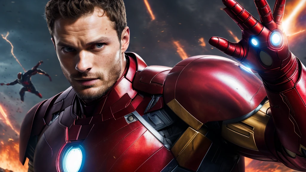 Actor Jamie Dornan, ((best quality)), ((Artwork)), (detailed), high definition image, ultra HD, Marvel movie cover style, actor Jamie Dornan as Marvel's Iron Man, iron Man Marvel, wearing armor red, backdrop behind cave of super hero with combat armor.