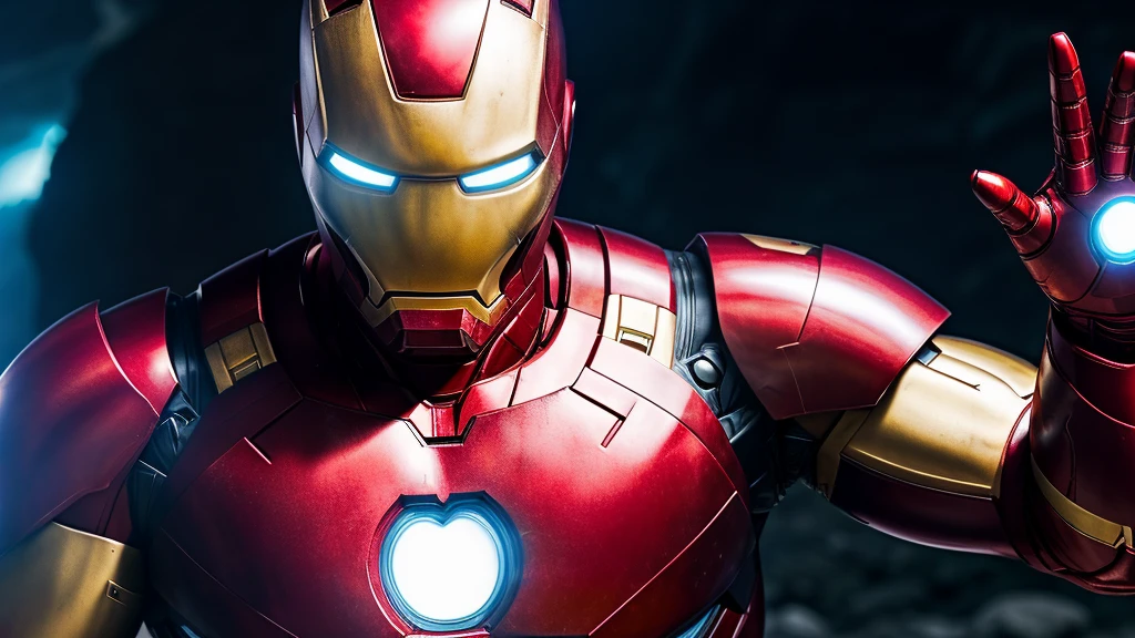 Actor Jamie Dornan, ((best quality)), ((Artwork)), (detailed), high definition image, ultra HD, Marvel movie cover style, actor Jamie Dornan as Marvel's Iron Man, iron Man Marvel, wearing armor red, backdrop behind cave of super hero with combat armor.