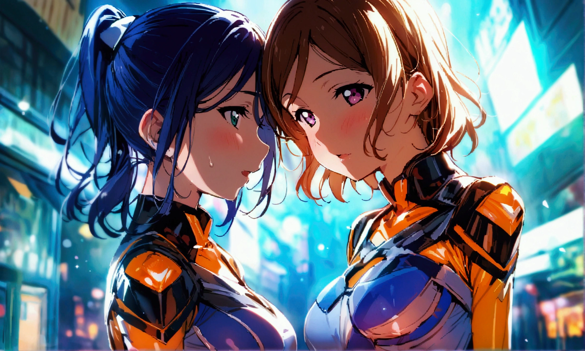 4 mature females,25yo,(stand side by side,lesbian,Hug each other tight,kiss:1.2),taimanin bodysuit,taimanin leotard,see through bright color bodysuit,(Best Quality, masterpiece),medium breasts,(happy smile), (wet gleaming skin:1.1), (outdoor,sunset:1.1),dynamic pose,dynamic angle,posing for photo,sitting,spread legs,from below