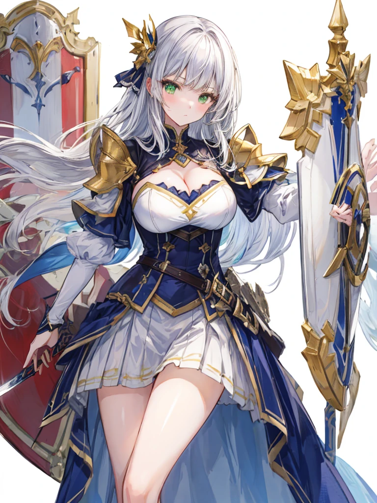 masterpiece,Highest quality, knight, Long Hair, Silver Hair, Green Eyes,((One girl)), (white_armor), Gold ornaments, sword, shield, ((holding sword)), ((Big Breasts)), Exposed abdomen, One girl, Cleavage, Exposing legs, ((shield-over_arm)), ((Perfect Face)), (white background:1.5),addition_detailed:1, addition_detailed:0, addition_detailed:0.5