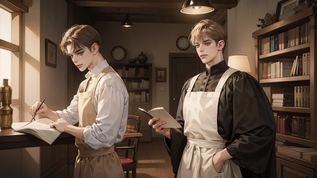 masterpiece, Best quality, realistic, One, 1 person, Mature man, Quiet and charming young man, 25 years, waist up very detailed face, narrow shoulders, thin, Middle Ages, 19th century,, ((golden eyes)), ((Short, light brown hair combed to the right)), [thick eyebrows], in an apron, Cinematic lighting, I look at the audience, posture dynamics, dress the doctor, monocle, In the hands of a book, behind there is a table with medicines and flasks, books, standing indoors