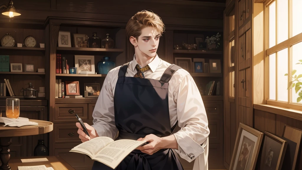 masterpiece, Best quality, realistic, One, 1 person, Mature man, Quiet and charming young man, 25 years, waist up very detailed face, narrow shoulders, thin, Middle Ages, 19th century,, ((golden eyes)), ((Short, light brown hair combed to the right)), [thick eyebrows], in an apron, Cinematic lighting, I look at the audience, posture dynamics, dress the doctor, monocle, In the hands of a book, behind there is a table with medicines and flasks, books, standing indoors