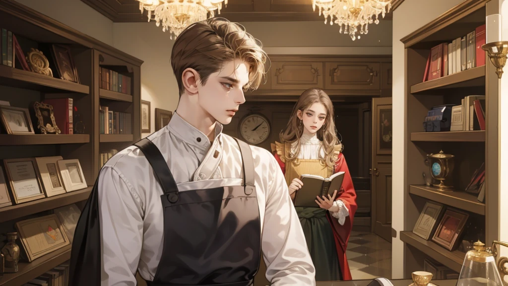 masterpiece, Best quality, realistic, One, 1 person, Mature man, Quiet and charming young man, 25 years, waist up very detailed face, narrow shoulders, thin, Middle Ages, 19th century,, ((golden eyes)), ((Short, light brown hair combed to the right)), [thick eyebrows], in an apron, Cinematic lighting, I look at the audience, posture dynamics, dress the doctor, monocle, In the hands of a book, behind there is a table with medicines and flasks, books, standing indoors