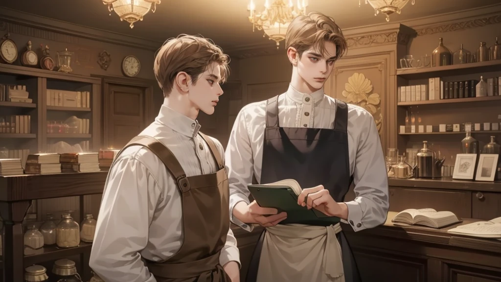 masterpiece, Best quality, realistic, One, 1 person, Mature man, Quiet and charming young man, 25 years, waist up very detailed face, narrow shoulders, thin, Middle Ages, 19th century,, ((golden eyes)), ((Short, light brown hair combed to the right)), [thick eyebrows], in an apron, Cinematic lighting, I look at the audience, posture dynamics, dress the doctor, monocle, In the hands of a book, behind there is a table with medicines and flasks, books, standing indoors