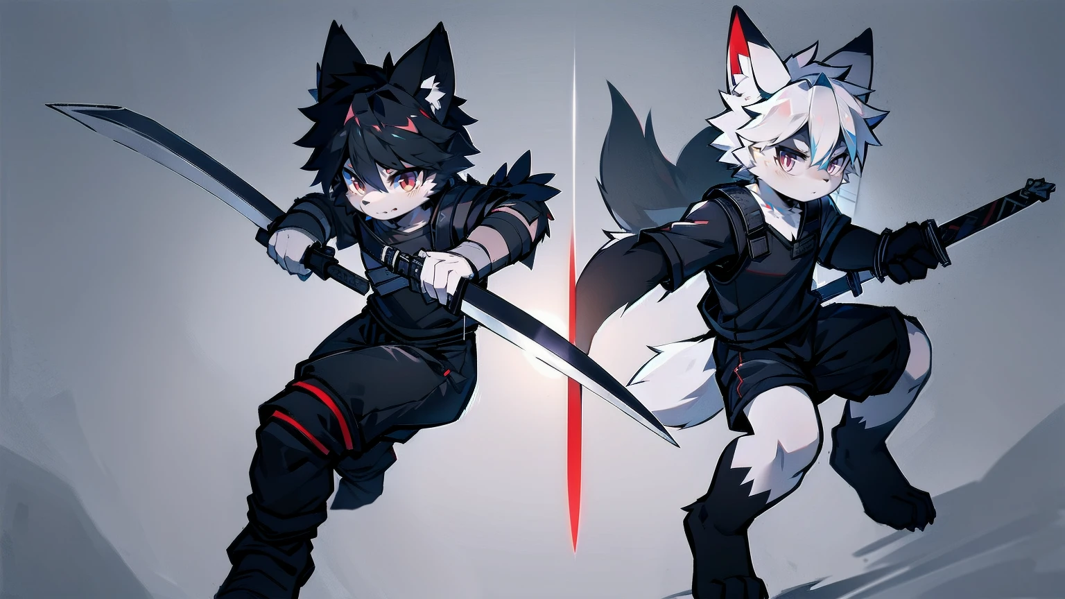 White Wolf,black hair,Red eyes,Wolf ears,Wolf Tail,juvenile,male,hairy,Hair,Half body armor,Combat uniform,Silver and black clothing,Handsome,Handsome,shorts,The forearm is exposed,leg,Fighting Stance,Duel,Two people,Anxious,Armed with a sword,Simple background,Swords