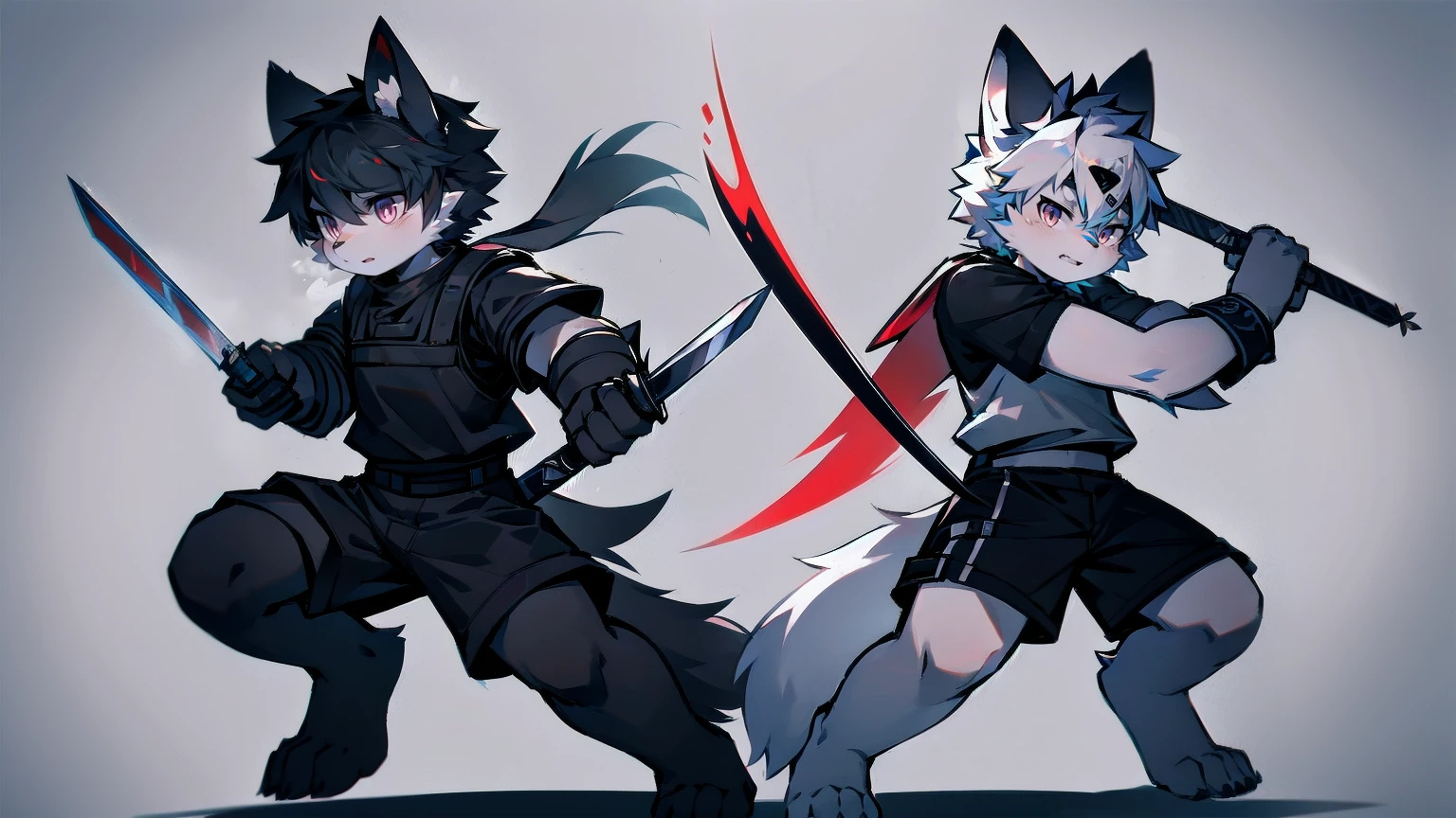White Wolf,black hair,Red eyes,Wolf ears,Wolf Tail,juvenile,male,hairy,Hair,Half body armor,Combat uniform,Silver and black clothing,Handsome,Handsome,shorts,The forearm is exposed,leg,Fighting Stance,Duel,Two people,Anxious,Armed with a sword,Simple background,Swords