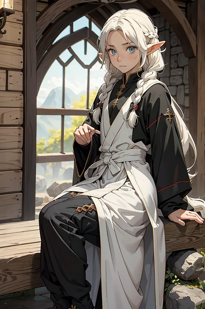elf, young cute boy, long hair, braids, young, cute, ,medieval clothes, black and white clothes, jester, tanned skin, robe, pants, long socks