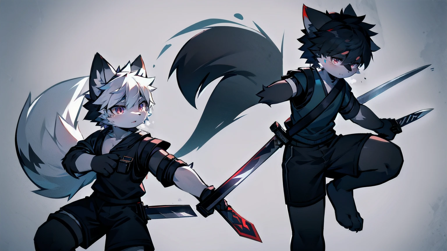 White Wolf，black hair，Red eyes，Wolf ears，Wolf Tail，juvenile，male，hairy，Hair，Half body armor，Combat uniform，Silver and black clothing，Handsome，Handsome，shorts，The forearm is exposed，leg，Fighting Stance，Duel，Two people，Anxious，Armed with a sword，Simple background，Swords