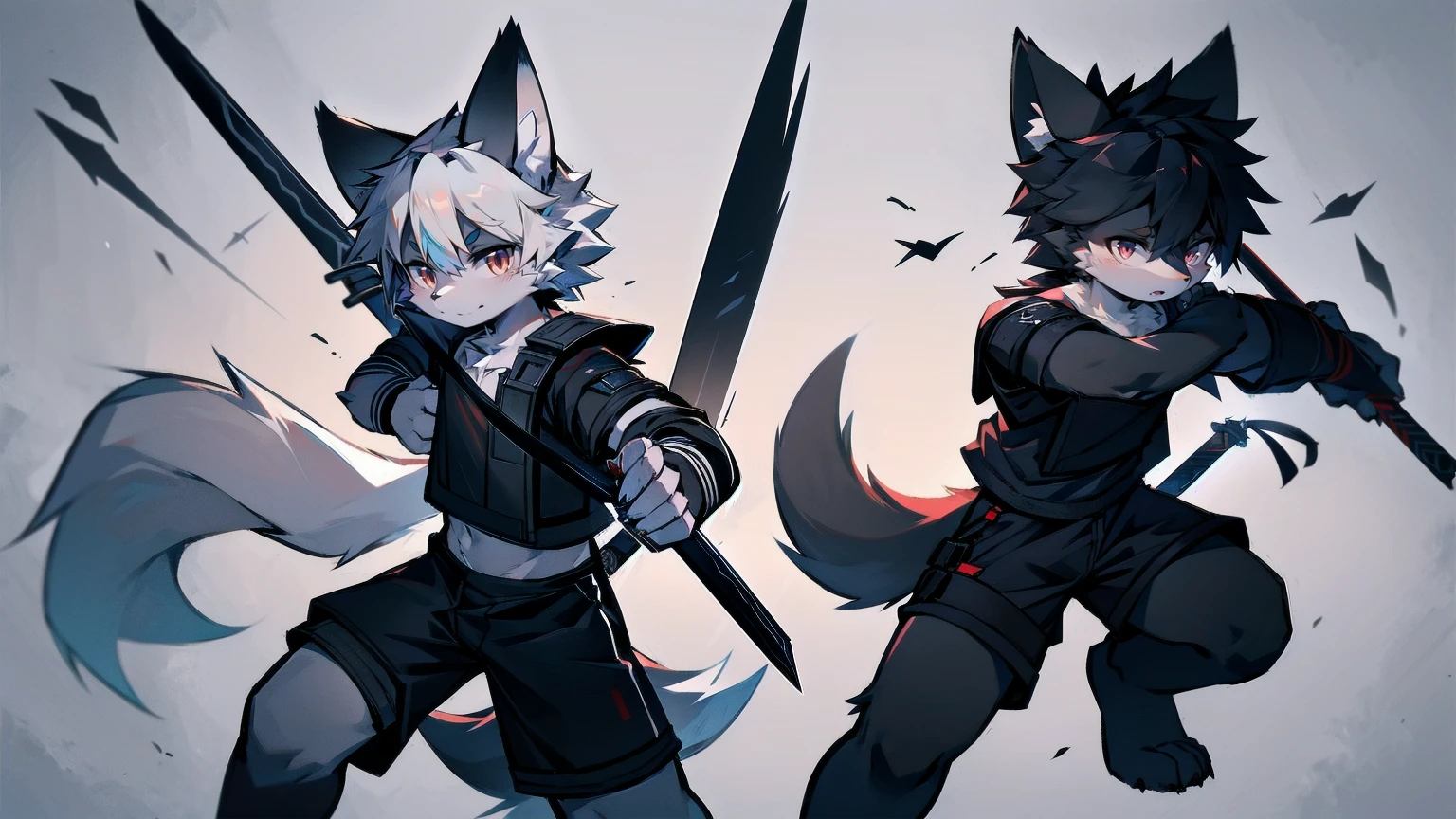 White Wolf，black hair，Red eyes，Wolf ears，Wolf Tail，juvenile，male，hairy，Hair，Half body armor，Combat uniform，Silver and black clothing，Handsome，Handsome，shorts，The forearm is exposed，leg，Fighting Stance，Duel，Two people，Anxious，Armed with a sword，Simple background，Swords