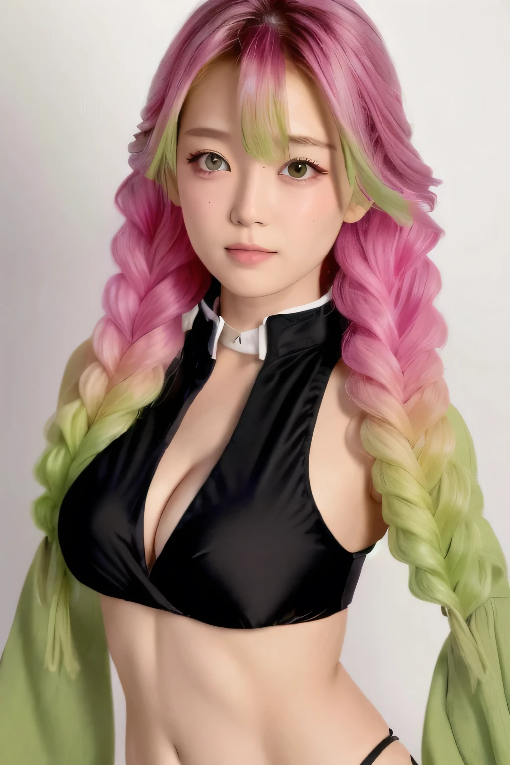 Pink Bikini, One Girl, Black Shirt, View your audience, Open jacket, alone, With their own hands, (masterpiece:1.4), (Highest quality:1.4), Realistic, One Girl, Front view, strict, mitsuri(Demon slayer), bangs, ,Green Hair, Gradient Hair,  Multicolored Hair, White Background, Green Eyes, Twin Blade,  Pink Hair, 