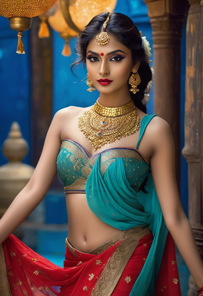 A captivating scene of a 20-year-old boy, who has masterfully cross-dressed as an Indian apsara, standing in the ethereal realm of Swarg Lok. His youthful beauty is accentuated by a meticulously applied make-up that highlights his high cheekbones and lush, red lips. His eyes, a striking shade of blue, sparkle with the wisdom and mischief of the divine beings he imitates. His long hair cascades down his back in luscious waves, reminiscent of the flowing locks of the celestial nymphs. He wears a vibrant red bra-type blouse that exposes just the right amount of skin, adorned with intricate gold embroidery that glitters under the heavenly light. The garment is paired with a mini skirt-style draping, a modern twist on the traditional Indian saree, which allows for glimpses of his slender legs. The skirt, a mesmerizing fusion of traditional and contemporary elements, is adorned with sequins and beads that shimmer as if they are stitched with stars from the cosmos. The border of the mini skirt is a stark contrast of gold, complementing the richness of the red fabric.