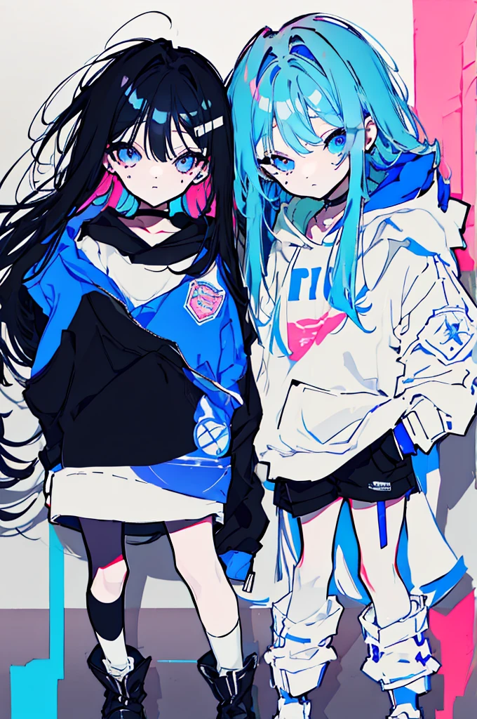 {{masterpiece}}, The best quality of life,、（（Black long hair、Inside is blue、）Half Twin Tail）、（Pink Eyes）、big black earrings、Black choker、Beautiful details in the eyes、White background、Anime characters、（（Black tube top、hot pants、Punk Fashion、A hoodie with long sleeves that cover your hands、Black short boots、Knee socks）、（Expressionless girl）、（White background）、（（16-year-old girl））