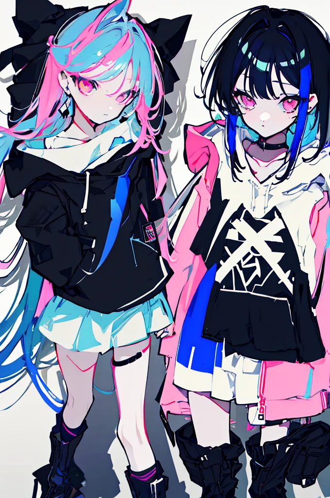 {{masterpiece}}, The best quality of life,、((Black long hair、Inside is blue、)Half Twin Tail)、(Pink Eyes)、big black earrings、Black choker、Beautiful details in the eyes、White background、Anime characters、((Black tube top、hot pants、Punk Fashion、A hoodie with long sleeves that cover your hands、Black short boots、Knee socks)、(Expressionless girl)、(White background)、((16-year-old girl))