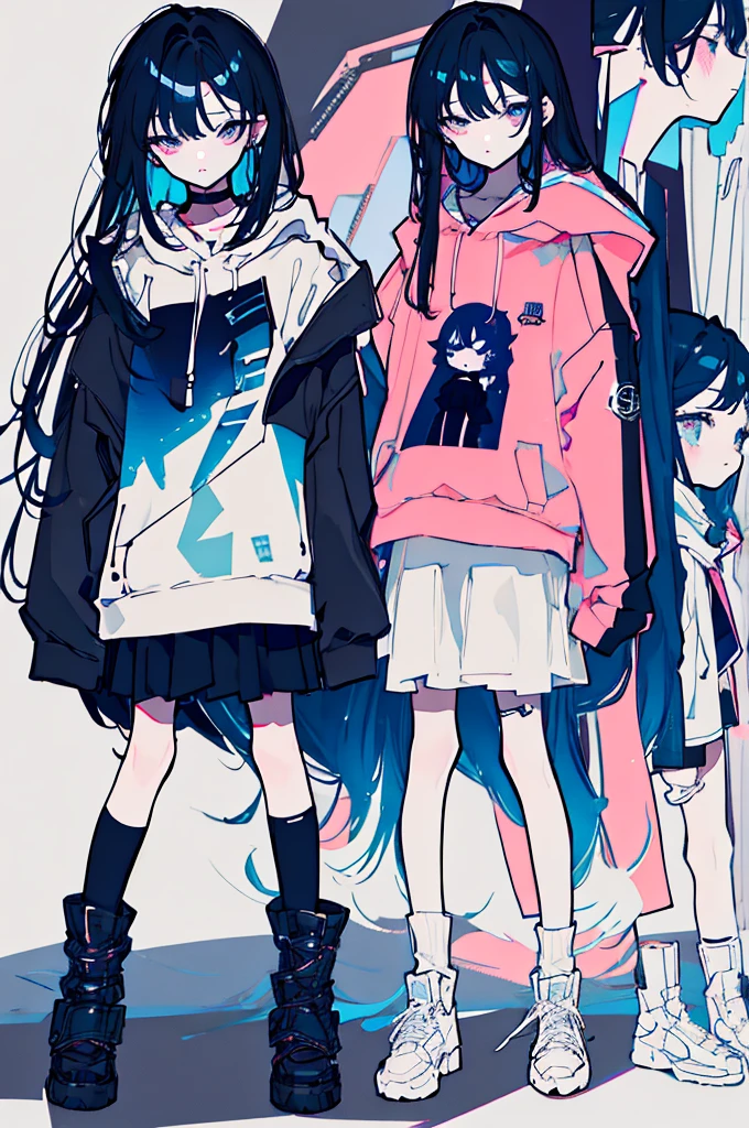 {{masterpiece}}, The best quality of life,、((Black long hair、Inside is blue、)Half Twin Tail)、(Pink Eyes)、big black earrings、Black choker、Beautiful details in the eyes、White background、Anime characters、((Black tube top、hot pants、Punk Fashion、A hoodie with long sleeves that cover your hands、Black short boots、Knee socks)、(Expressionless girl)、(White background)、((16-year-old girl))