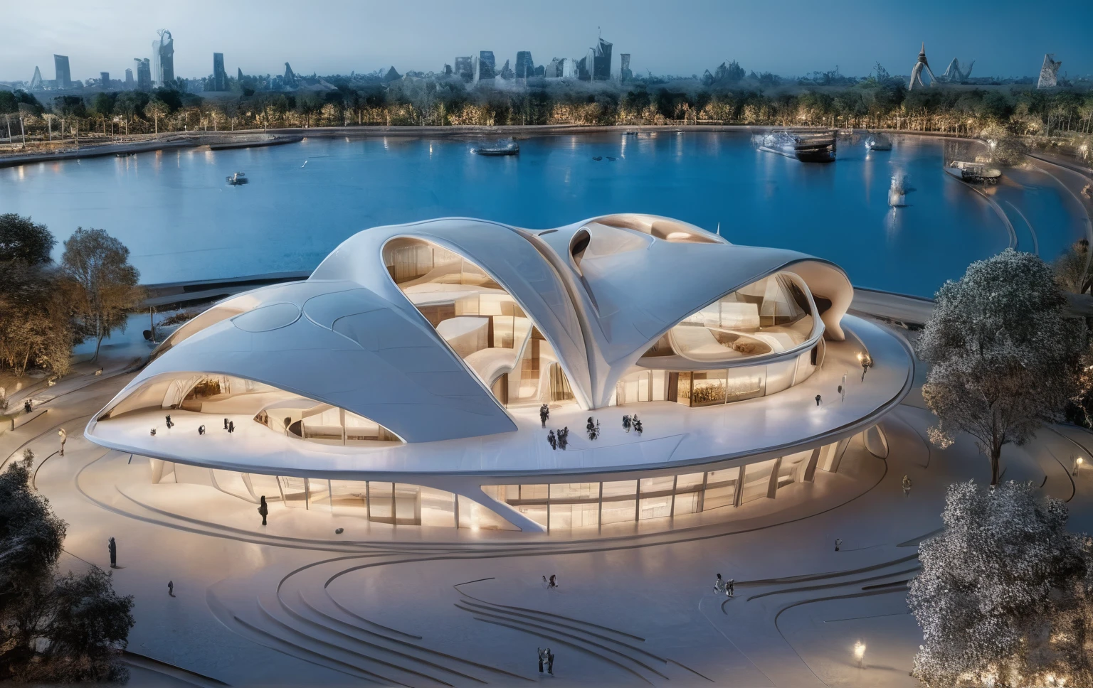 The Opera House with white as the main color, the building is naturally lit, the surrounding urban landscape, streets, trees. Good sharp image quality.