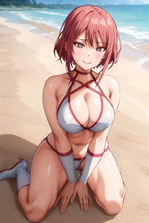 masterpiece, best quality, beautiful art, high resolution, well formed hands, body and fingers, 1 woman, solo, Miho Tsujinaka, full body , grown up, adult, huge and round breasted, cleavage, hair ornament, wearing a Tyris Flare outfit , white_bikini, full body, sexy and skimpy bikini, red boots, gorgeous hips, legs and thighs bouncing breasts,fighting in a combat match, showing her fighting skills, making her guard, about to hit the viewer, looking at the viewer, sweating, bouncing breasts, smiling joyfully and brightly, being confident and proud, action and fighting scene, fighting cage on beach environment ,fighting in a combat match, showing her fighting skills, making her guard, about to hit the viewer, looking at the viewer, sweating, bouncing breasts, smiling joyfully and brightly, being confident and proud, action and fighting scene, fighting cage on beach environment
